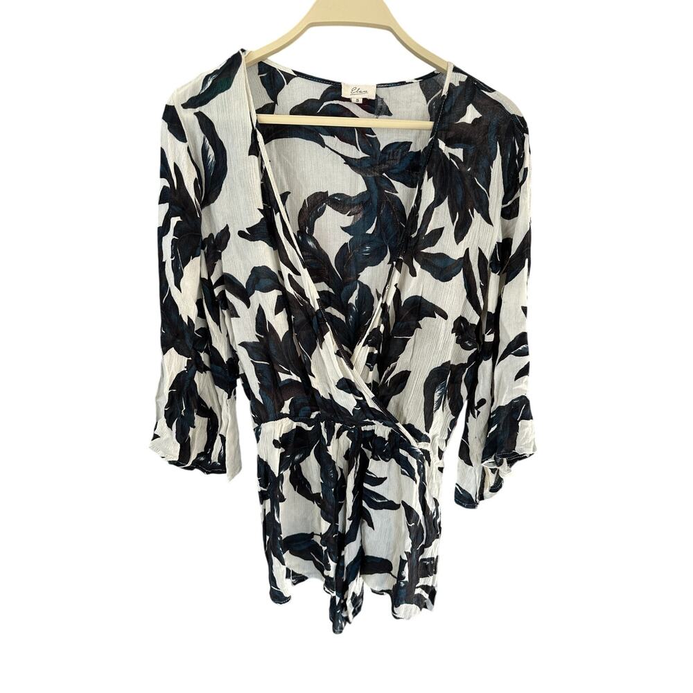 Elan Tropical Leaf Print Romper Swimsuit Coverup, Black/Ivory, size sm - Picture 1 of 6